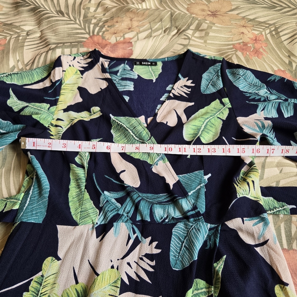 3/$25 Shein Maxi Dress Tropical Floral Short Sleeve Navy Blue Green Large - Picture 10 of 15
